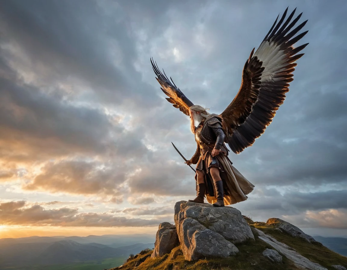 (Une sublime archeress debout sur le dos d'un aigle), s'envole dans un ciel radieux, (un seul arc tendu à la main), long cheveux flottants, la flèche tendue vers le soleil couchant, une flèche vient d'être décochée, vue de côté , pose dynamique , bouche ouverte elle hurle sa rage de vaincre , ((archeress , en lévitation)) , proportions parfaites, masterpiece, hyperRéaliste, masterpiece, superior quality, high resolution, Extremely detailed, highly detailed 8K wallpaper, détails fractales,