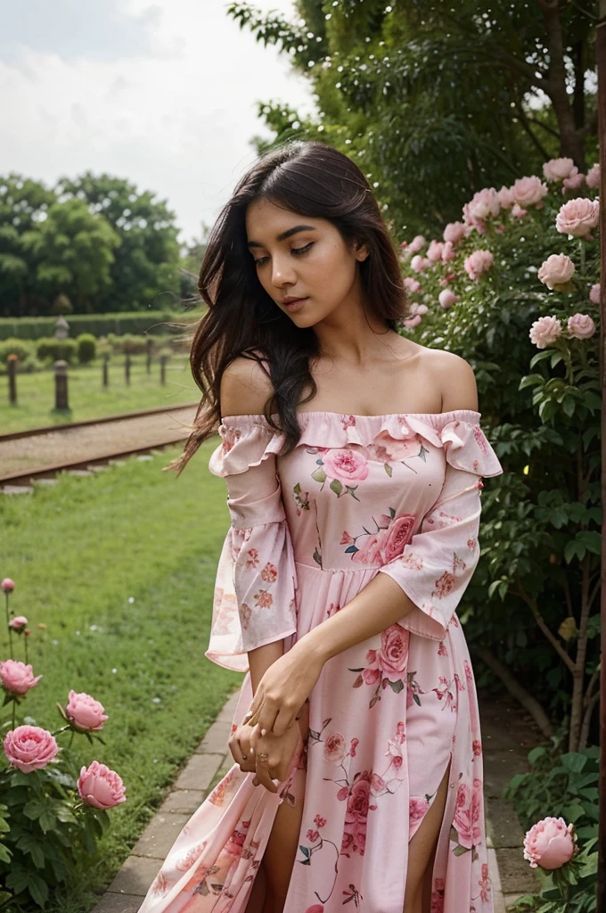 South asian girl in a peony garden. She is wearing a stunning pink long floral dress. The dress is long fluid muslins with a train. The wind lift up the train of the dress. The dress has off the shoulder sleeves 