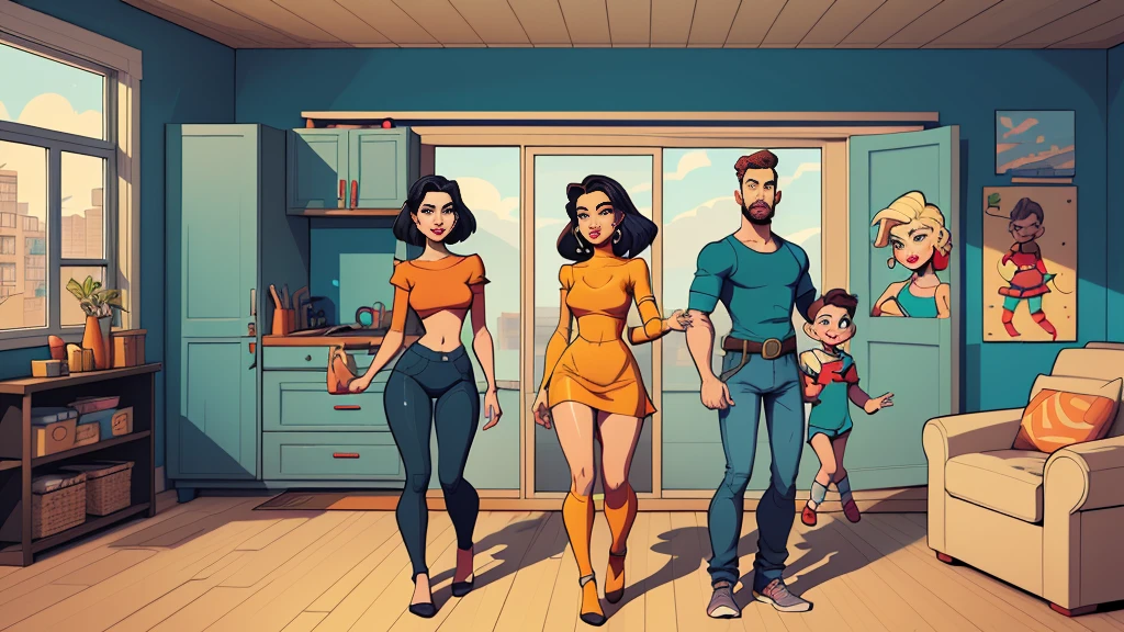 Fallout game characters Fallout clothes Cartoon image of a family indoors. cartoon style illustration, cartoon art style, cartoon art style, digital illustration style, highly detailed character design, cute detailed digital art,, portrait character design, beautiful digital illustration, high quality portrait , Comic art, Full body