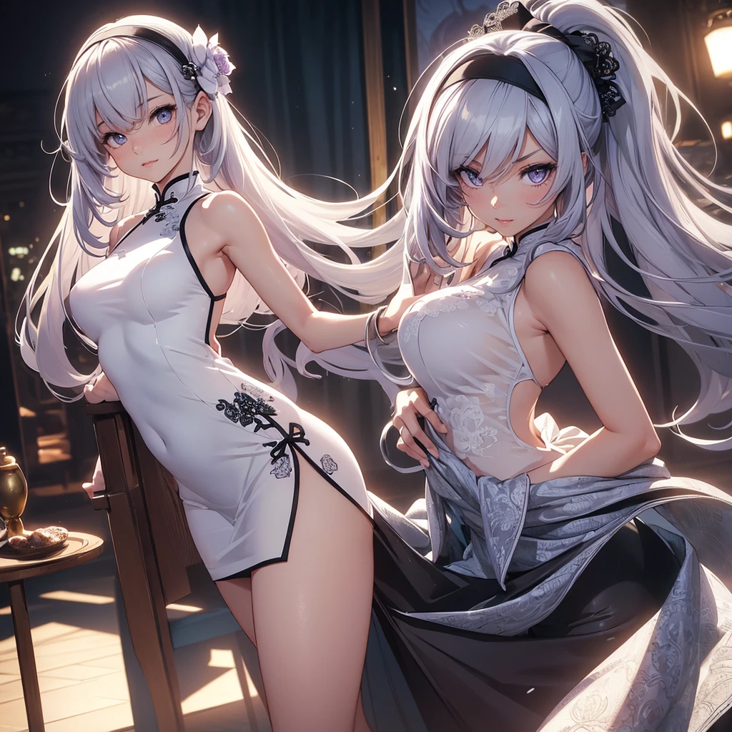 (1girl, solo), (full body:1.5), full-body shot, ((standing)), (perfect anatomy, perfect hands, perfect legs, perfect body), beautiful body, natural proportions BREAK
(((extremely detailed face))), (beautiful detailed eyes:1.6), (realistic pupils, realistic iris:1), expressive eyes, looking at viewer, (clear eyes:1.3), (hyperrealistic:1.2), (detailed skin texture:1.2), smooth skin, ((purple eyes)), ((silver hair)), silver hair with blue tips, long hair, (hairband:1.3), ((black hairband)), bangs, ((hair ornament)), (smile), blush, large breast, (detailed lips:1.3), (attractive lips:1.2), (glossy lips:1) BREAK
((a sexy woman dressed in a mini qipao dress)), qipao, ((white qipao:1.5)), (mini qipao:1.5), dress, ((china dress)), (mini dress:1.5), (bare legs:1.3), ((chinese clothes)), ((high slit qipao)), thighs, ass visible through thighs, ((bare shoulders)), high heels BREAK
(minimal background:1.1), (simple background:1.1) BREAK
(masterpiece:1.2), anime-style, top quality, best quality, (beautiful and aesthetic:1.2), (ultra detail:1.3), Ultra-detailed depiction, Ultra-precise depiction, extremely detailed 8k illustration, high resolution, (highly detailed shading), (realistic lighting:1.2), perfect lighting, vibrant colors, dynamic tones, striking hues, 8k, absurd resolution, perfect shadows, hdr, UHD, ambient lighting, realistic, ultra-realistic, photo realistic, highly detailed, rich detail, luminous colors, fine texture, intricate design, professional illustration, (soft light:1.2), (illustration:0.8)