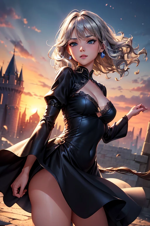 #Basics A girl is posing for a photo, animeのかわいい女の子, (((One Girl, Baby Face, Young girl, 16 years old))), 
BREAK 

#Clothing Accessories 
((Black Princess Dress:1.4), The fabric is made of high-quality materials such as smooth satin and chiffon., (Sheer wide sleeves), (A sheer black lace haori), Black High Heels), 
(Earrings, jewelry, eye shadow, lipstick), 
BREAK 

#Features 
((Silver Hair:1.4), Curly hair:1.4, (Short Hair : Short Hair + Wavy Hair + Hair blowing in the wind)),  
(Droopy eyes, blue eyes), (Small breasts),  
BREAK 

#background environment 
((noon, Castles in a fantasy world:1.4)), 
#Facial Expression Pose
((Wicked Smile), (Are standing)), 
#composition 
((Face the camera, Angle from the front, Cowboy Shot:1.4)), 
BREAK 

#Body parts elements 
(Detailed hair, Beautiful Hair, Shiny Hair), 
(double eyelid, Long eyelashes), 
(Expression of fine eyes, Beautiful and delicate eyes, Sparkling eyes, Eye Reflexes, Glitter Eyeliner), 
(Human Ear), 
(Beautiful Nose, Thin Nose), 
(Glossy lips, Beautiful Lips, Thick lips, Glossy Lips, Natural Cheeks), 
(Detailed face, Symmetrical facial features), 
(Detailed skin, Textured skin, Beautiful Skin, Shiny skin), 
BREAK 

#Quality 
(((Highest quality)), ((masterpiece)), ((Very detailed))), ((High resolution), (16K,1080P)), 
(Realistic), (Anatomically correct), 
((comics, anime)), (3DCG), CG illustration,
