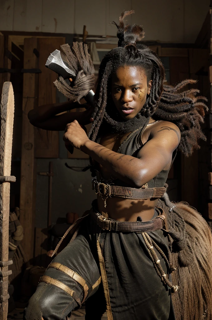 Africa warrior with dreadlocks attacking with axe in battlefield