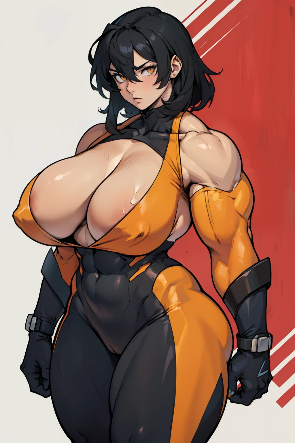 huge muscles huge breasts huge thighs sad expressionless black hair yellow eyes pale skin woman skintight suit super detailed highest quality