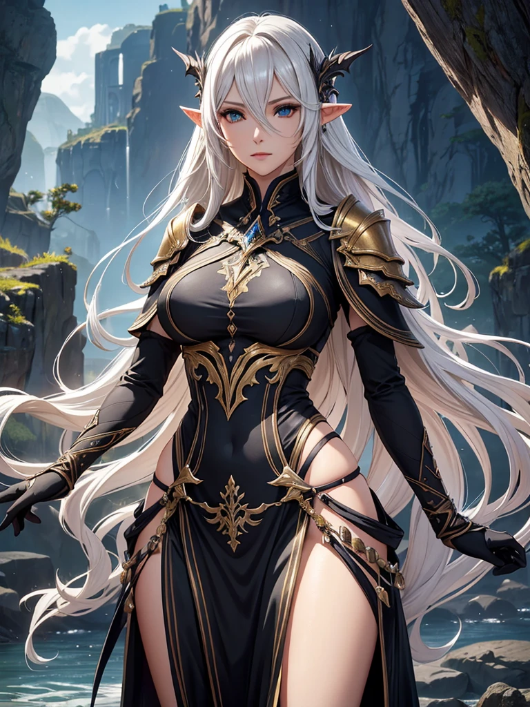 Silari Sark, an elezen of majestic and refined bearing, stands with a stature that defies the skies of Eorzea. His slender, athletic figure is encased in meticulously forged armor., where each dark metal plate is decorated with filigrees in gleaming silver, recalling the characteristic craftsmanship of the high elves of Ishgard. Her midnight black hair falls in cascades of soft waves., framing a face with angular features and serene expression. Silari&#39;s eyes, Deep as the starry night and sparkling with determination, show the wisdom accumulated in countless battles. His posture denotes confidence, with each graceful movement revealing a skill that only the most seasoned warriors possess. In every detail of his armor and in every gesture, Silari Sark embodies the distinctive style and elegance that defines the heroes of Final Fantasy XIV.