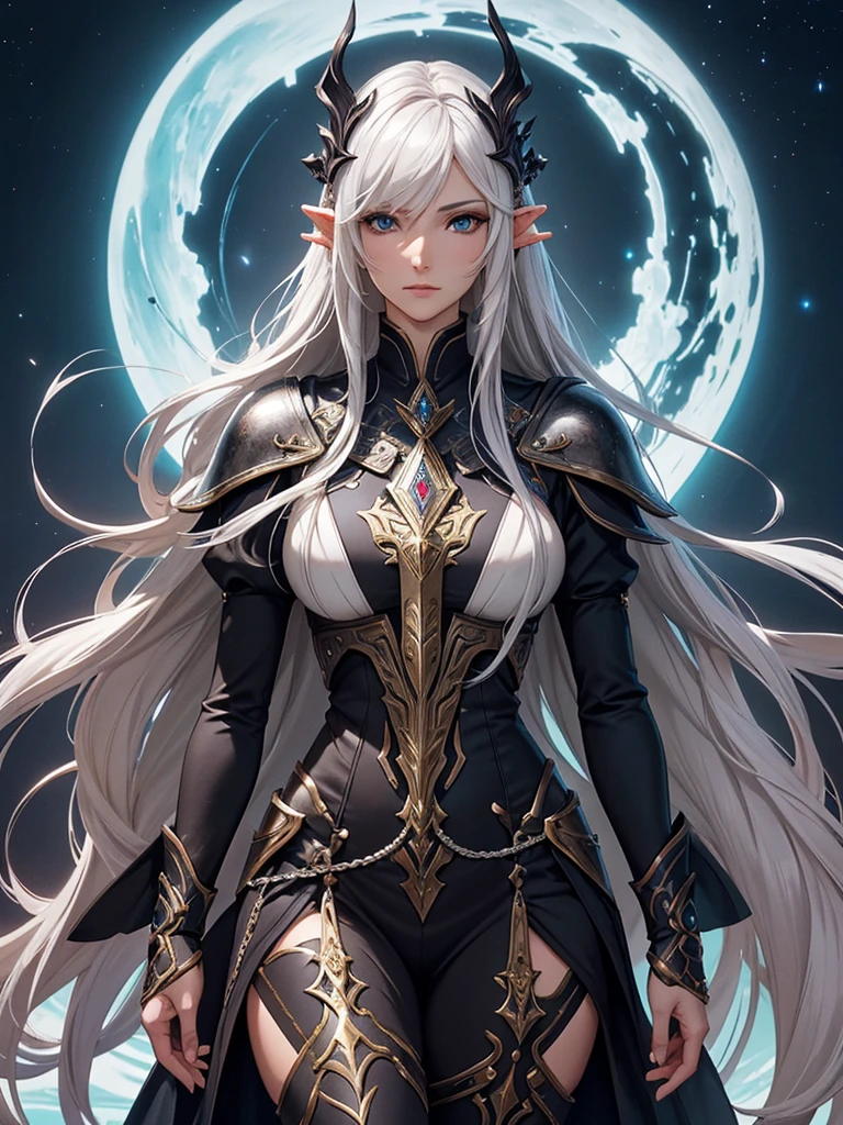 Silari Sark, an elezen of majestic and refined bearing, stands with a stature that defies the skies of Eorzea. His slender, athletic figure is encased in meticulously forged armor., where each dark metal plate is decorated with filigrees in gleaming silver, recalling the characteristic craftsmanship of the high elves of Ishgard. Her midnight black hair falls in cascades of soft waves., framing a face with angular features and serene expression. Silari's eyes, Deep as the starry night and sparkling with determination, show the wisdom accumulated in countless battles. His posture denotes confidence, with each graceful movement revealing a skill that only the most seasoned warriors possess. In every detail of his armor and in every gesture, Silari Sark embodies the distinctive style and elegance that defines the heroes of Final Fantasy XIV.