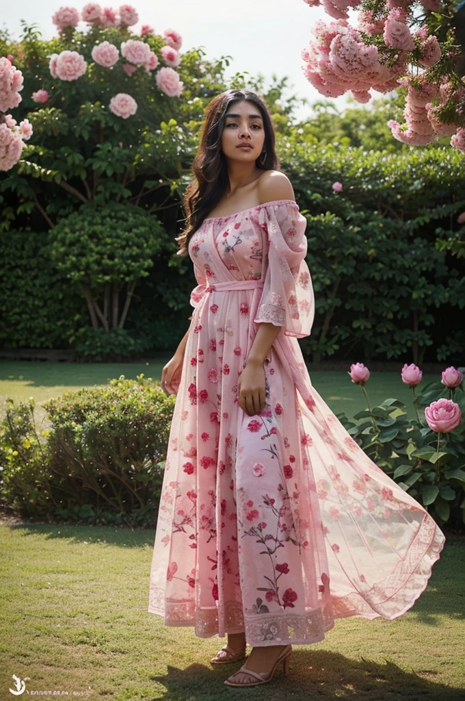 South asian girl in a peony garden. She is wearing a stunning pink long floral gown. The dress is very long fluid muslins. The wind lift up the dress. The dress has off the shoulder sleeves 