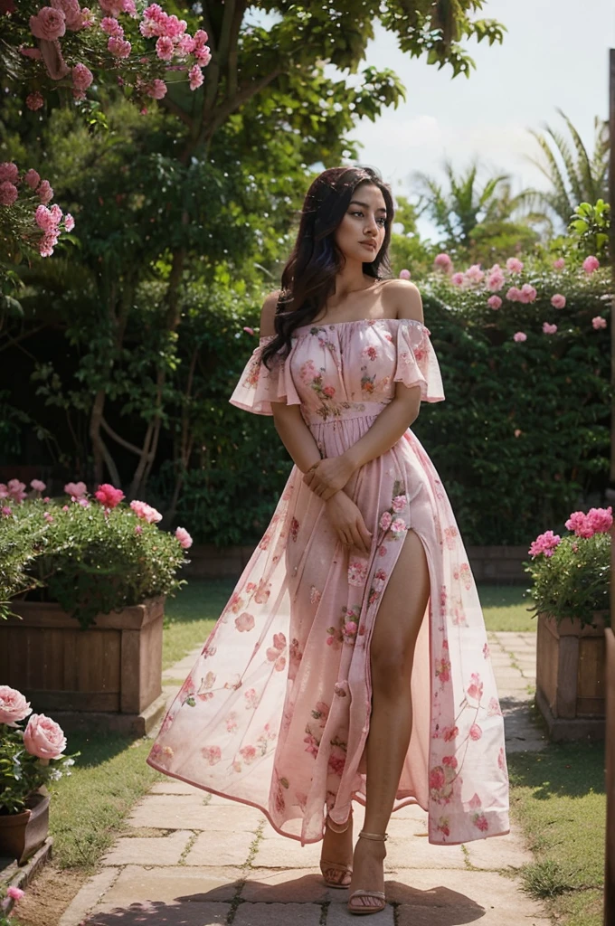 South asian girl in a peony garden. She is wearing a stunning pink long floral gown. The dress is very long fluid muslins. The wind lift up the dress. The dress has off the shoulder sleeves 