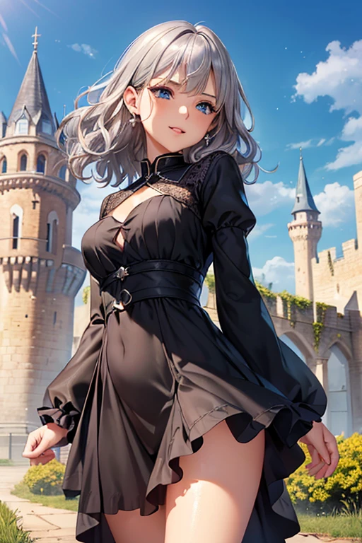 #Basics A girl is posing for a photo, animeのかわいい女の子, (((One Girl, Baby Face, Young girl, ))),
BREAK
#Clothing Accessories
((Black Princess Dress:1.4), The fabric is made of high-quality materials such as smooth satin and chiffon., (Sheer wide sleeves), (A sheer black lace haori), Black High Heels),
(Earrings, jewelry, eye shadow, lipstick),
BREAK
#Features
((Silver Hair:1.4), Curly hair:1.4, (Short Hair : Short Hair + Wavy Hair + Hair blowing in the wind)),
(Droopy eyes, blue eyes), (Small breasts),
BREAK
#background environment
((noon, Castles in a fantasy world:1.4)),
#Facial Expression Pose
((Wicked Smile), (Are standing)),
#composition
((Face the camera, Angle from the front, Cowboy Shot:1.4)),
BREAK
#Body parts elements
(Detailed hair, Beautiful Hair, Shiny Hair),
(double eyelid, Long eyelashes),
(Expression of fine eyes, Beautiful and delicate eyes, Sparkling eyes, Eye Reflexes, Glitter Eyeliner),
(Human Ear),
(Beautiful Nose, Thin Nose),
(Glossy lips, Beautiful Lips, Thick lips, Glossy Lips, Natural Cheeks),
(Detailed face, Symmetrical facial features),
(Detailed skin, Textured skin, Beautiful Skin, Shiny skin),
BREAK
#Quality
(((Highest quality)), ((masterpiece)), ((Very detailed))), ((High resolution), (16K,1080P)),
(Realistic), (Anatomically correct),
((comics, anime)), (3DCG), CG illustration,