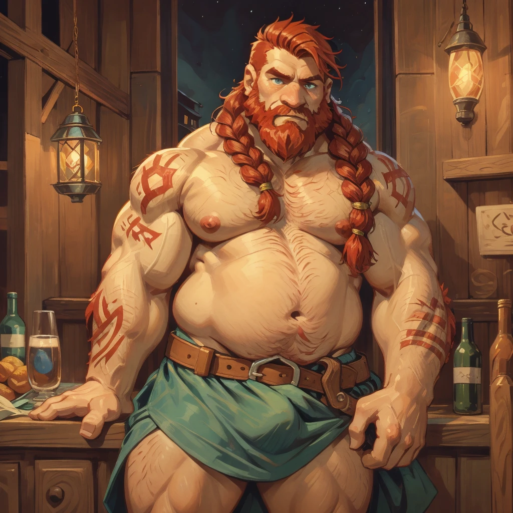 man, Viking, An old face, short stature, a big nose, Age 60 years, strong, thick, big breasts, big belly, Red hair, large red beard braided into three braids, thick body hair, густые Red hair на груди, густые Red hair на животе, густые Red hair на лобке, густые Red hair на яйцах, thick hair on arms, thick hair on legs, tattoos on body, Tattoos on the torso, drunk face, naked torso, !in a very short skirt made of green fabric!, the skirt is held up by a leather belt with a gold buckle, dick sticking out from under skirt, in the pub, night, warm lamp light, holding a wooden mug in his hand, Very drunk, sleepy look, drunk look, Blue eyes, very embarrassed, skirt slips down loving hairy pubis 