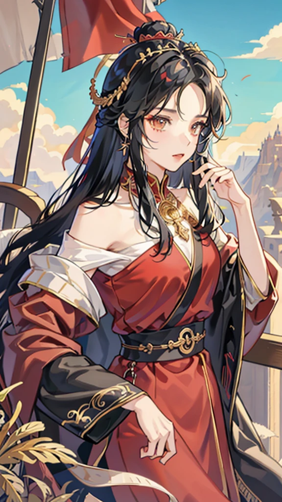 Queen,red,Majesty,Golden crown,long black hair,Western style palace,Look into the distance,西式red絲絨披風,西式red黑色絲綢長裙