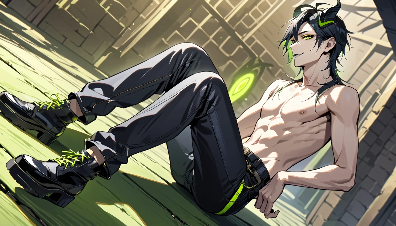 masterpiece, highres, absurdres, illustration, 1boy, sitting on floor, topless, black leather jacket, jeans, dynamic angle, malleus draconia (twisted wonderland) horns, bishounen, boy, male, yana Toboso style, long hair, black hair, yellow green eyes, smile, gray lips, handsome, skinny, tall, yellow green glow,