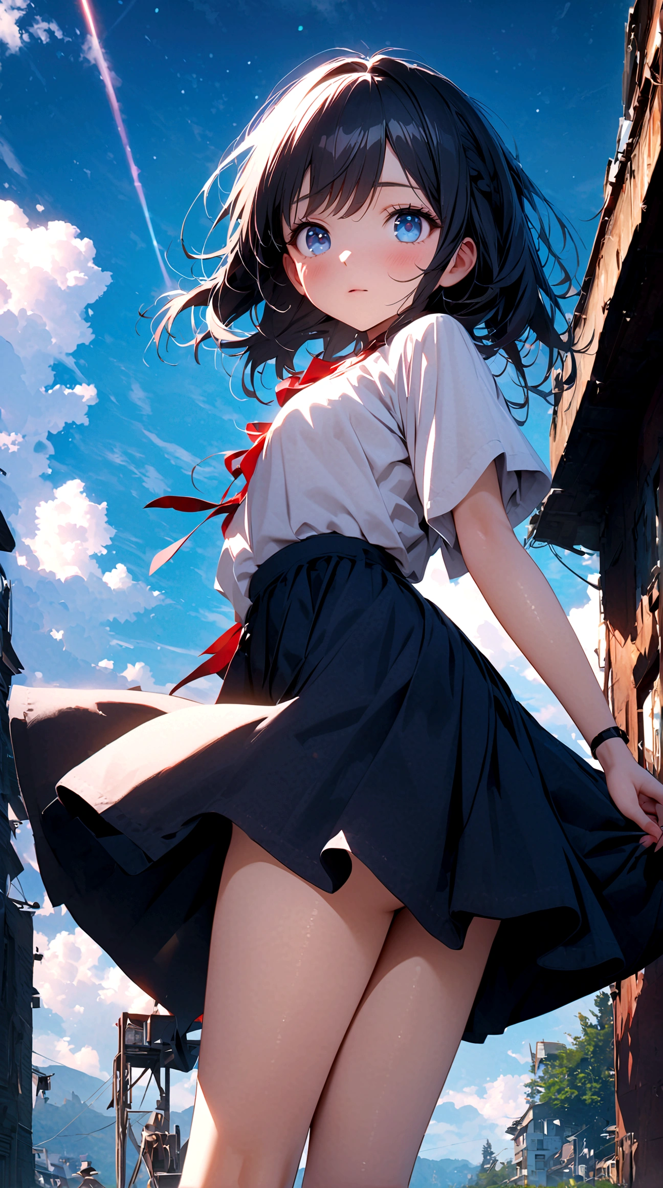 High quality beautiful blue eyes, full body expression, 1 girl, alone, blue sky background, bright, blue sky, clouds, sunny, student, youth, blue and white main color, alone focus, love, accessories, beautiful Hairstyle, beautiful, beautiful eyes, shiny, high resolution, zoom out, youthful love, quality (8k, very detailed CG unit wallpaper, masterpiece, high resolution, top-quality, top-quality real texture skin,surrealistic,increase resolution,RAW photo,highest quality,highly detailed,wallpaper,cinema lighting,ray tracing,golden ratio\),