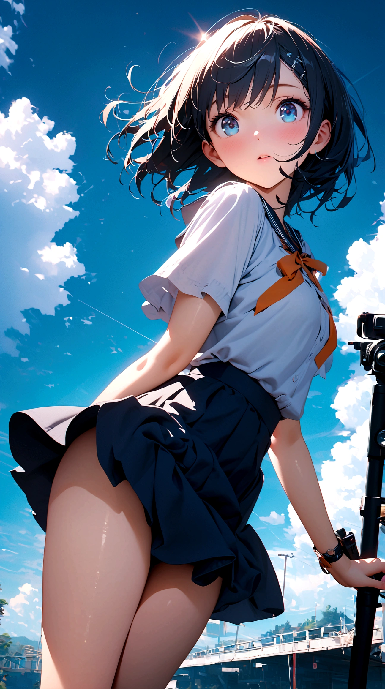 High quality beautiful blue eyes, full body expression, 1 girl, alone, blue sky background, bright, blue sky, clouds, sunny, student, youth, blue and white main color, alone focus, love, accessories, beautiful Hairstyle, beautiful, beautiful eyes, shiny, high resolution, zoom out, youthful love, quality (8k, very detailed CG unit wallpaper, masterpiece, high resolution, top-quality, top-quality real texture skin,surrealistic,increase resolution,RAW photo,highest quality,highly detailed,wallpaper,cinema lighting,ray tracing,golden ratio\),