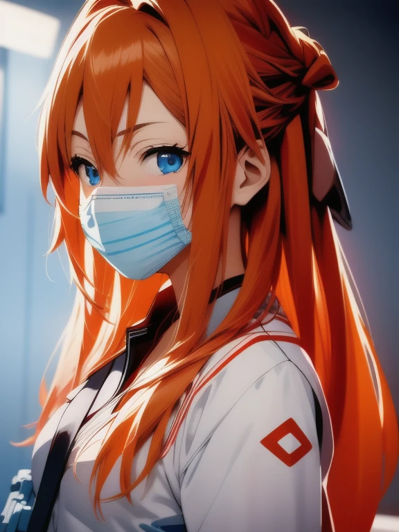 (RAW photo, best quality), operating room, overhead surgical light,blurred background, focused, dithering,backlighting,
 injection_pov, 1girl, solo, looking at viewer, holding, surgical mask, holding syringe, 
 asuna,,orange hair, blue eyes,1girl,solo,