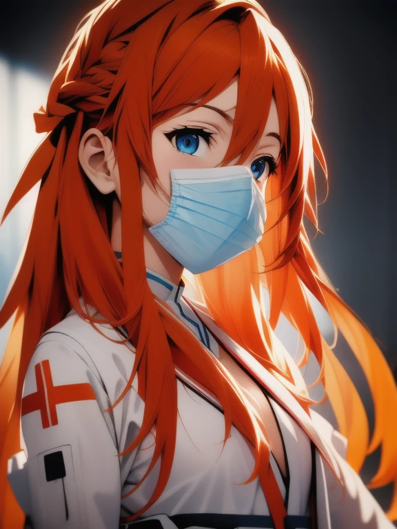 (RAW photo, best quality), operating room, overhead surgical light,blurred background, focused, dithering,backlighting,
 injection_pov, 1girl, solo, looking at viewer, holding, surgical mask, holding syringe, 
 asuna,,orange hair, blue eyes,1girl,solo,