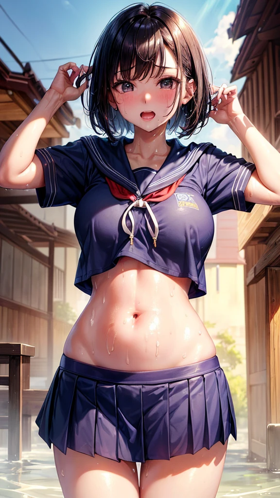 (highest quality)), ((masterpiece)), (family friendly), Perfect Face,Shiny skin,Beautiful breasts,Shiny skin、hoodie、Sunburned skin、Sweat,(((school uniform、Short sleeve)))、Double teeth
、Young、((Big Breasts))、Embrace、hot spring,close、near、Having popsicles、night、((())),(((Belly button)))、(((Sweat))),Short Hair、Korean idol makeup