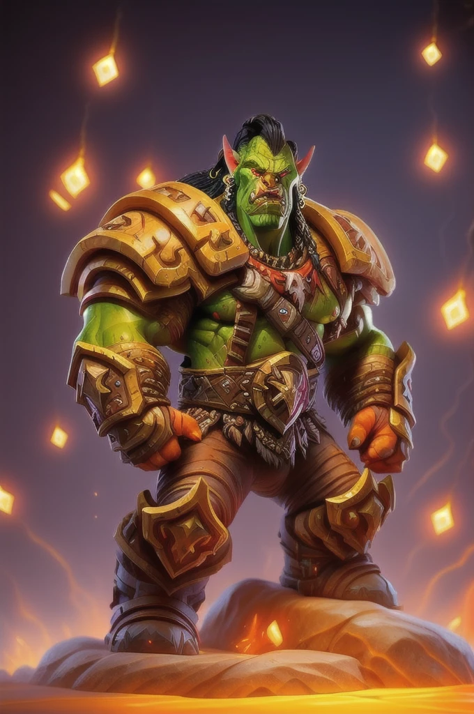 Portrait of a hyper muscular orc warrior wearing battle armor, Blizzard Entertainment, detailed skin, skin blemishes, Warcraft, lighting should be warm and inviting, casting a soft glow and highlighting the rich colors of his flesh, background cinematic Hollywood movie style, light depth of field, vignette, highly detailed, high budget