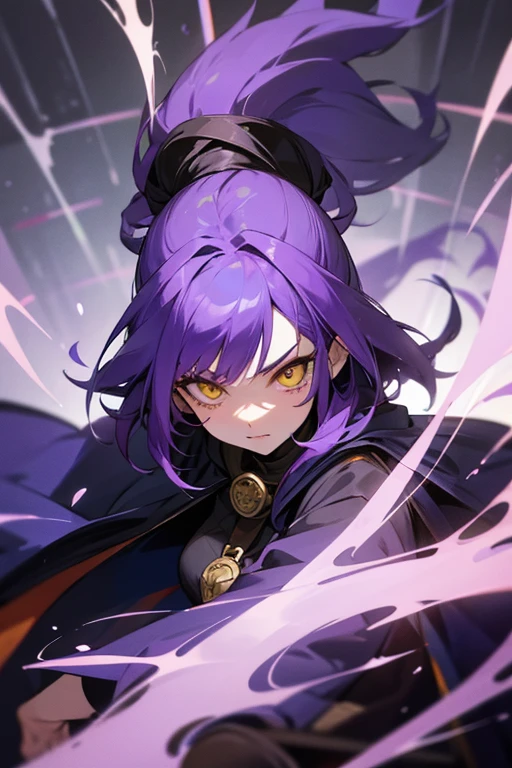 a mage with purple hair and yellow eyes who doesn't wear a hat