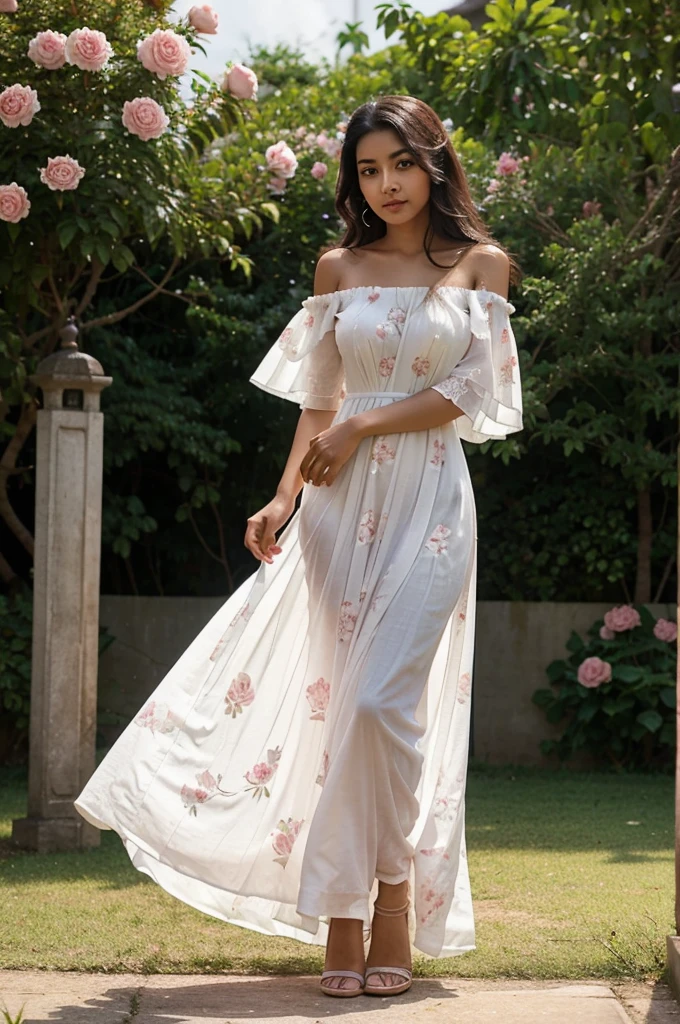 South asian girl in a peony garden. She is wearing a stunning white long floral gown. The dress is very long fluid muslins. The wind lift up the dress. The dress has off the shoulder sleeves