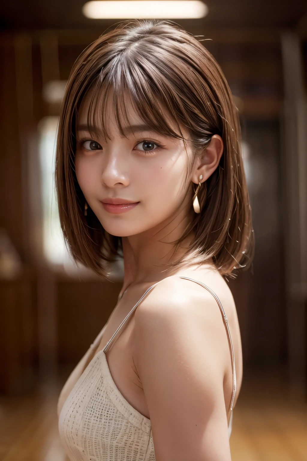 Upper Body、Beauty、Well-formed face、20-year-old、Uniform eyes、Small face、, light brown hair, hair over shoulder, parted bangs, straight hair, expressive hair, shiny hair, earrings, seductive smile, Upper body naked、Small Bust, Surrealism, cinematic lighting, first-person view, pov, f/1.2, Nikon, depth of field, cowboy shot, UHD, textured skin, best quality, highres, 8k