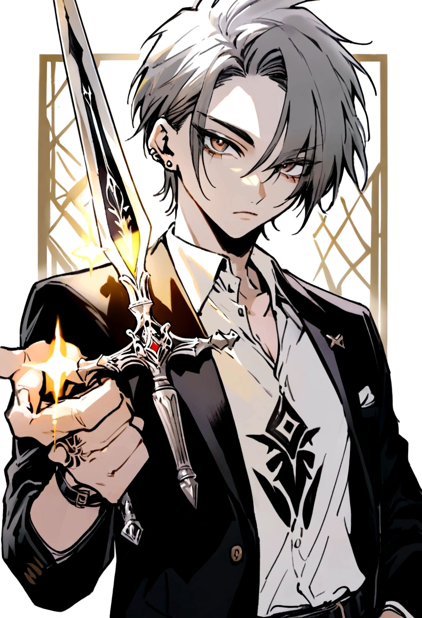 Bad boy,eye is shine,show tattoo,age is 22, something background logo,"(He is holding a shining sword in his hand.)"