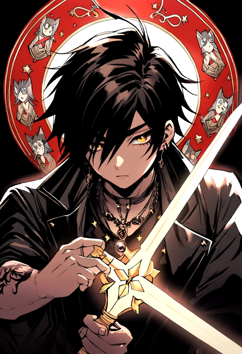 Bad boy,eye is shine,show tattoo,age is 22, something background logo,"(He is holding a shining sword in his hand.)"