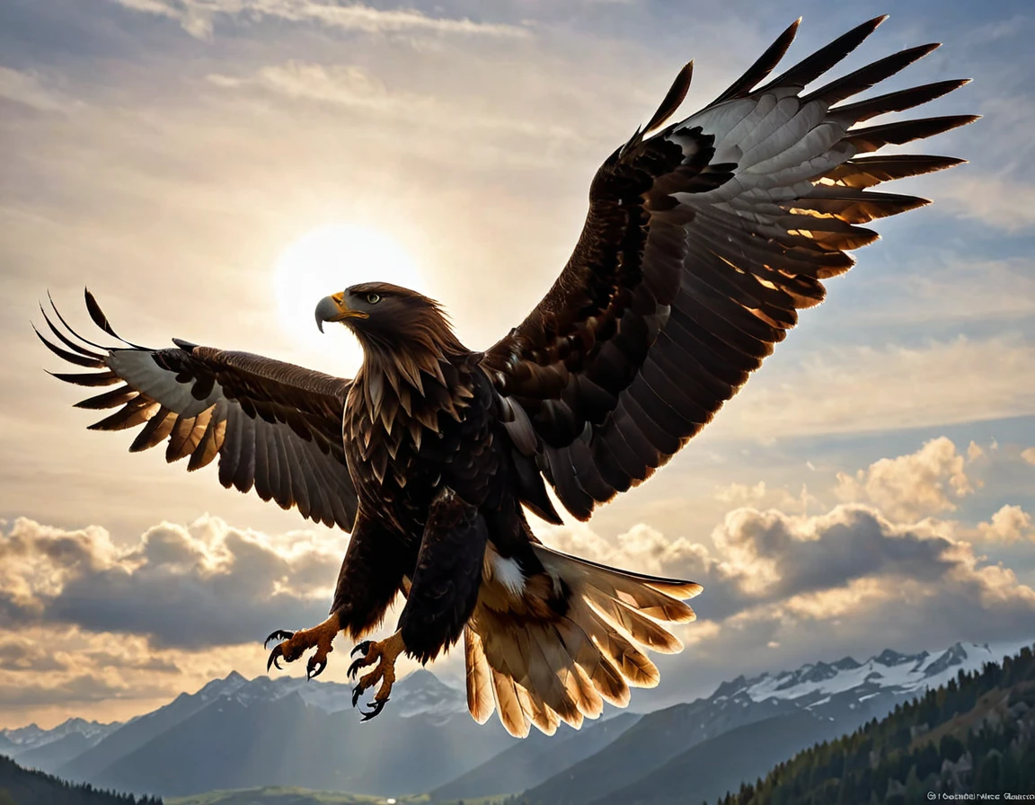 (Une sublime archeress debout sur le dos d'un aigle), s'envole dans un ciel radieux, (un seul arc tendu à la main), long cheveux flottants, la flèche tendue vers le soleil couchant, une flèche vient d'être décochée, vue de côté , pose dynamique , bouche ouverte elle hurle sa rage de vaincre , ((archeress , en lévitation)) , proportions parfaites, masterpiece, hyperRéaliste, masterpiece, superior quality, high resolution, Extremely detailed, highly detailed 8K wallpaper, détails fractales,