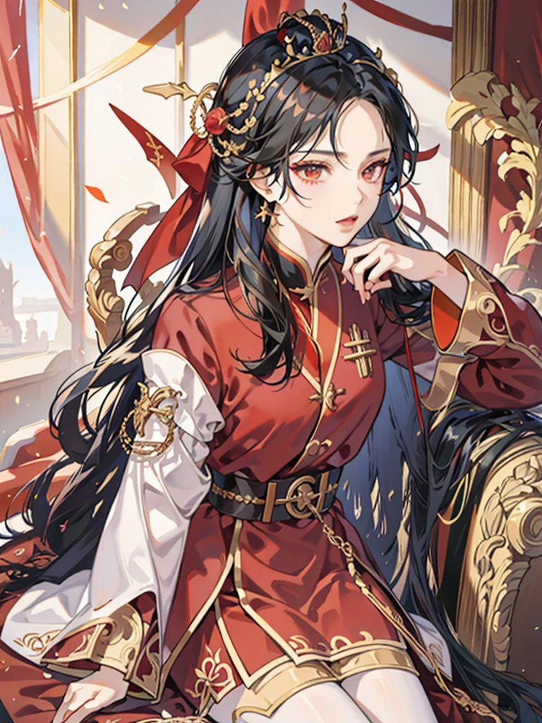 Queen，red，Majesty，Golden crown，long black hair，Western style palace，Overlooking，red絲絨披風，red黑色絲綢長裙，Queen服飾，throne