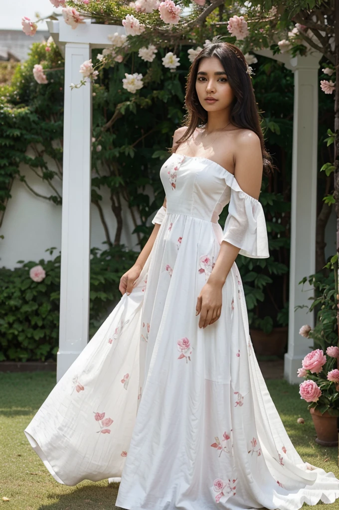 South asian girl in a peony garden. She is wearing a stunning white long floral gown. The dress is very long fluid muslins. The wind lift up the dress. The dress has off the shoulder sleeves