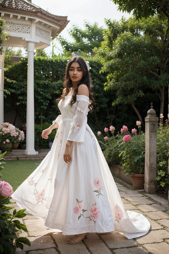 South asian girl in a peony garden. She is wearing a stunning white long floral gown. The dress is very long fluid muslins. The wind lift up the dress. The dress has off the shoulder sleeves 