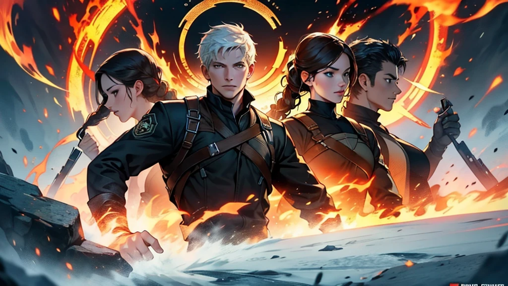 Make "the Hunger Games" logo with the name in English and letters with a fire effect