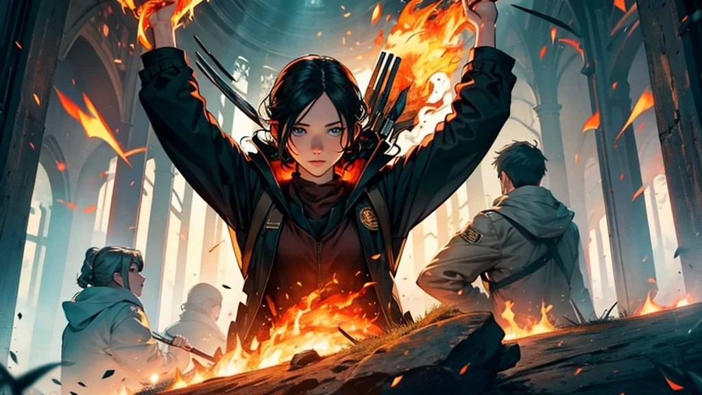Make "the Hunger Games" logo with the name in English and letters with a fire effect
