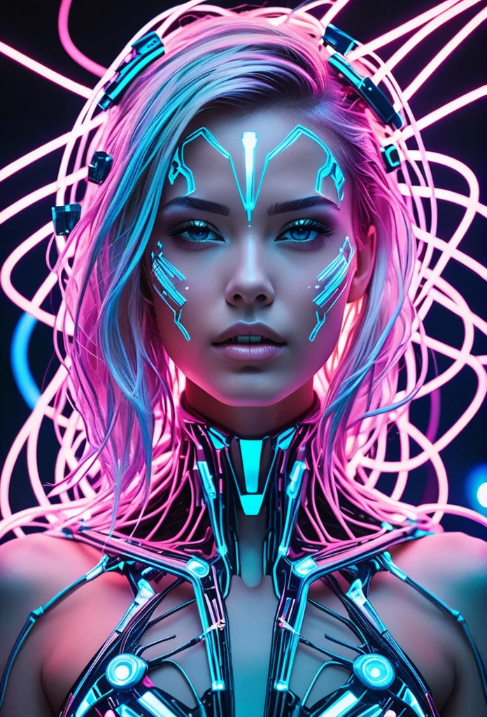cybernetic style Ultimate fusion of technology and allure, Cosmic Cyber Warrior. Embodying the creative genius of Jovana Rikalo, Brandon Woelfel, and Ross Tran, spectacular cosmic landscapes fraught with otherworldly conflict. Shimmering cables course beneath her translucent epidermis, connecting to powerful vertebrae that support a resplendent skull adorned with cascading neon undercut locks. Mysterious constellations twinkle ominously overhead, casting eerie shadows on the ground below. This masterpiece encapsulates the quintessential essence of science fiction, presenting a highly detailed exploration of extraterrestrial themes guaranteed to captivate audiences worldwide. . futuristic, technological, cybernetic enhancements, robotics, artificial intelligence themes