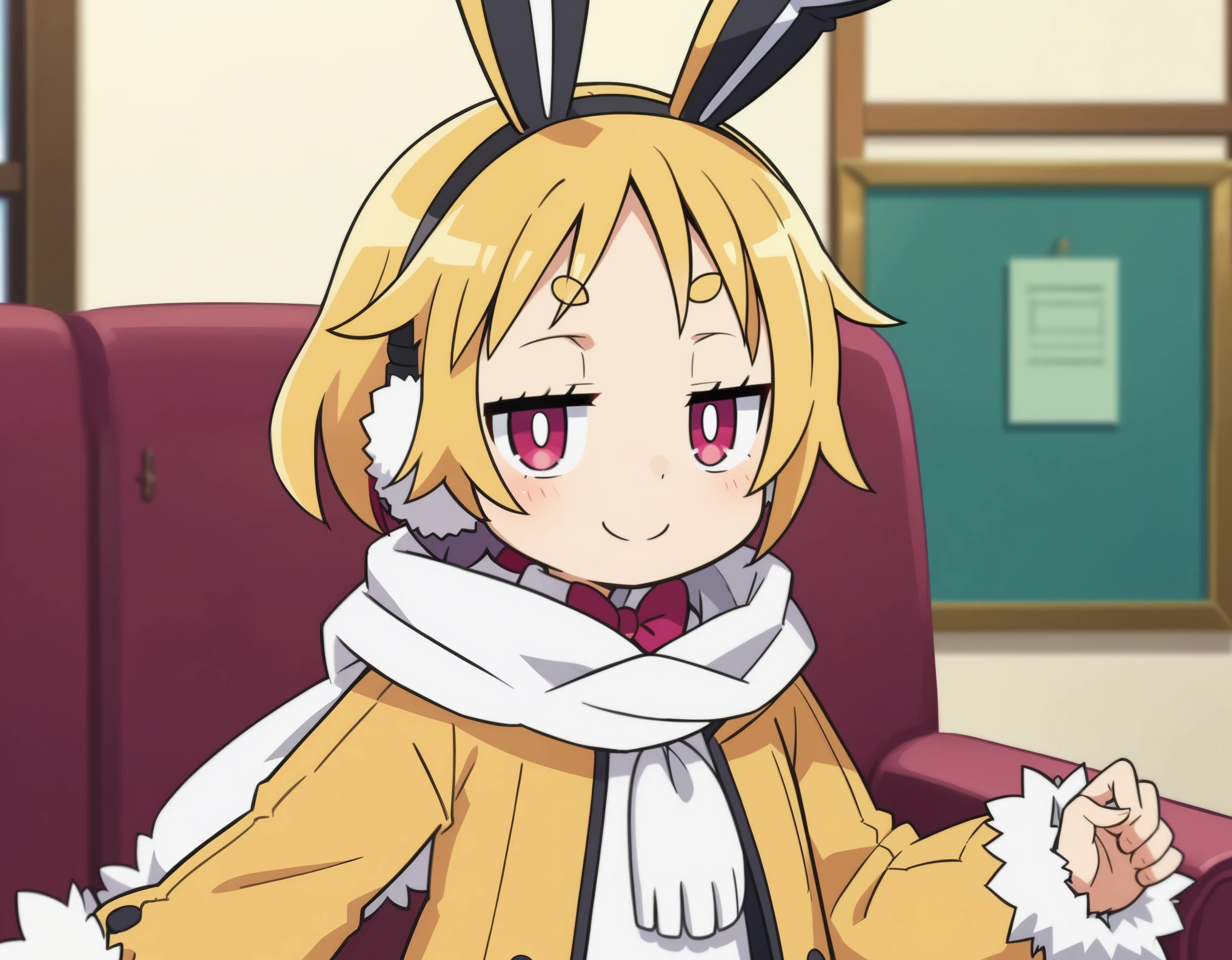 score_9, score_8_up, score_7_up, score_6_up, score_5_up, score_4_up , anime coloring ,BREAK source_anime, anime,screencap,
1girl, solo, usalia, fake rabbit ears, red bowtie, black pantyhose, black hairband, jitome, white leotard, white scarf, fur-trimmed jacket, yellow jacket, fur-trimmed sleeves, hooded jacket, white earmuffs, indoors,smile, upper body, looking at viewer,harada takehito