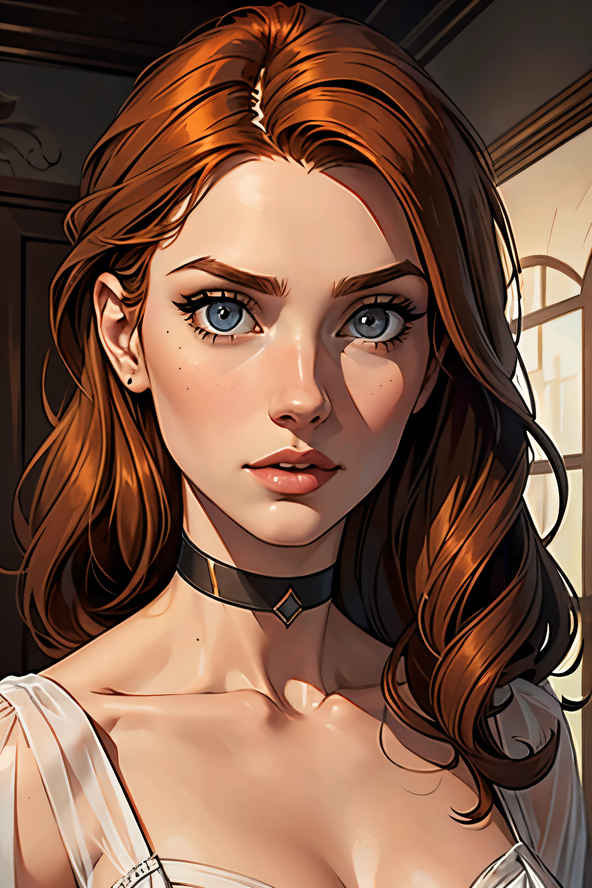 best qualityer, work of art, (realisitic: 1.2), 1 girl, slender girl, ginger hair, eyes browns, 3/4 view, face detailed, gorgeous eyes, eyes gray, eyes large, small, choker, see through gown