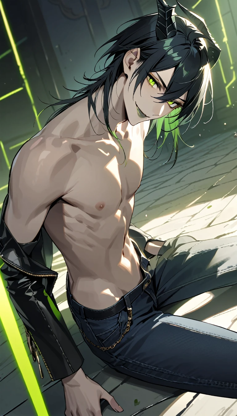 masterpiece, highres, absurdres, illustration, 1boy, sitting on floor, topless, black leather jacket, jeans, dynamic angle, malleus draconia (twisted wonderland) horns, bishounen, boy, male, yana Toboso style, long hair, black hair, yellow green eyes, smile, gray lips, handsome, skinny, tall, yellow green glow,