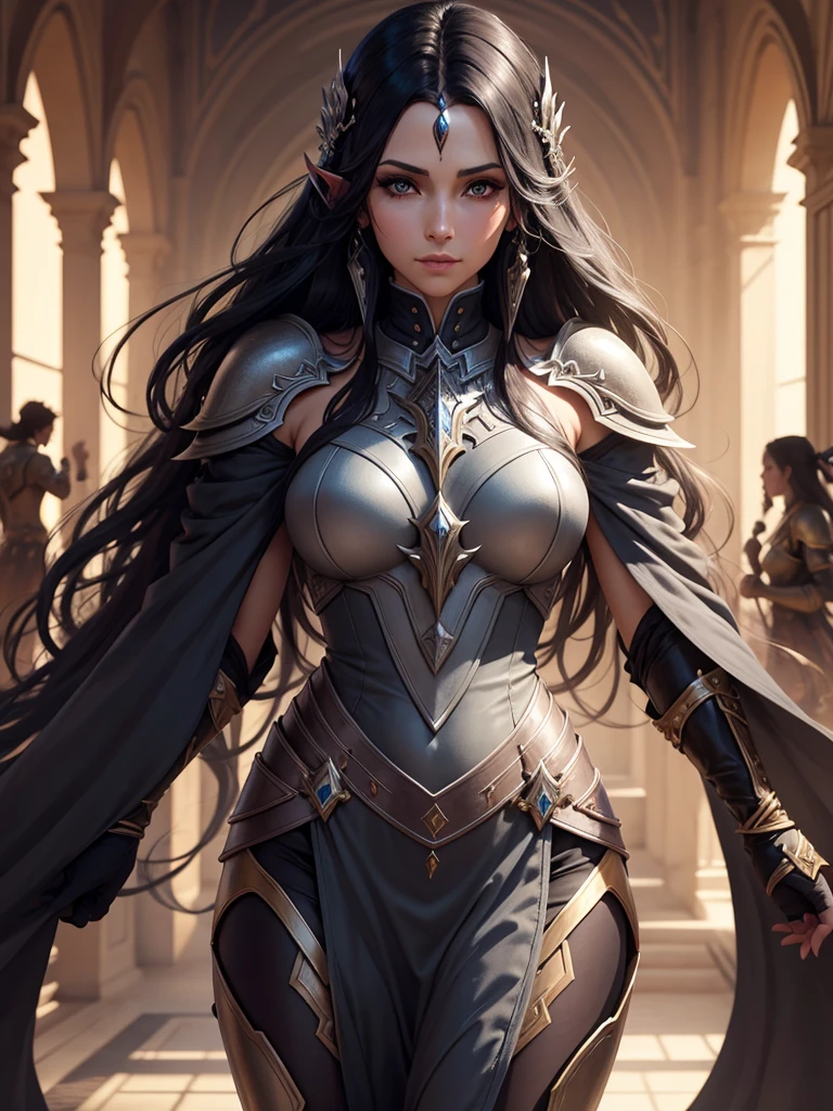 Silari Sark, an elezen of majestic and refined bearing, stands with a stature that defies the skies of Eorzea. His slender, athletic figure is encased in meticulously forged armor., where each dark metal plate is decorated with filigrees in gleaming silver, recalling the characteristic craftsmanship of the high elves of Ishgard. Her midnight black hair falls in cascades of soft waves., framing a face with angular features and serene expression. Silari&#39;s eyes, Deep as the starry night and sparkling with determination, show the wisdom accumulated in countless battles. His posture denotes confidence, with each graceful movement revealing a skill that only the most seasoned warriors possess. In every detail of his armor and in every gesture, Silari Sark embodies the distinctive style and elegance that defines the heroes of Final Fantasy XIV.