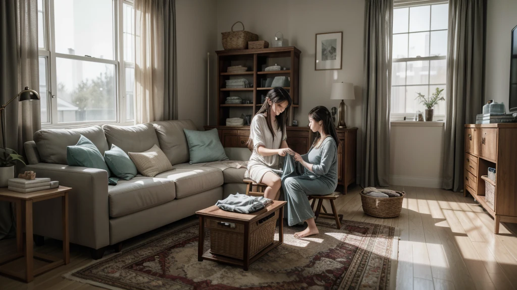 high-resolution, ultra-realistic, 4K, cinematic image of a serene living room , with a woman folding laundry while listening to an audiobook, folded clothes beside her,