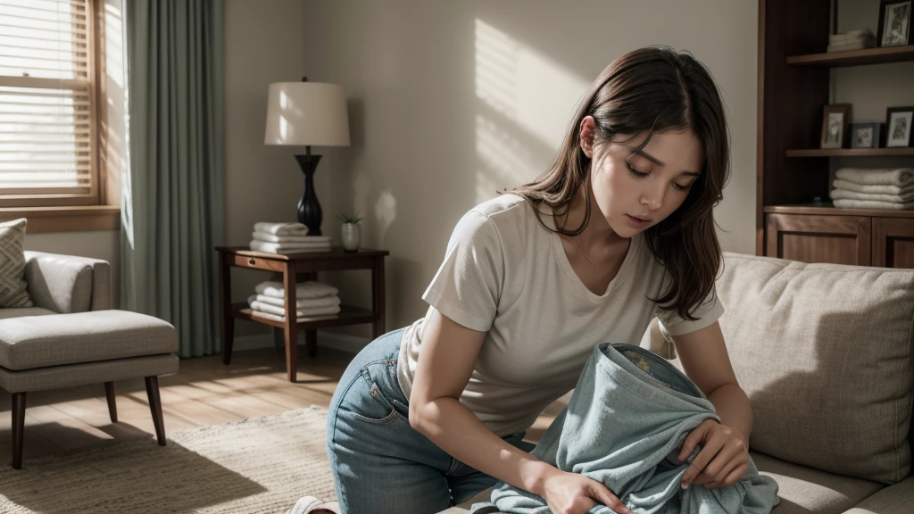 high-resolution, ultra-realistic, 4K, cinematic image of a serene living room , with a woman folding laundry while listening to an audiobook,  folded clothes beside her, 