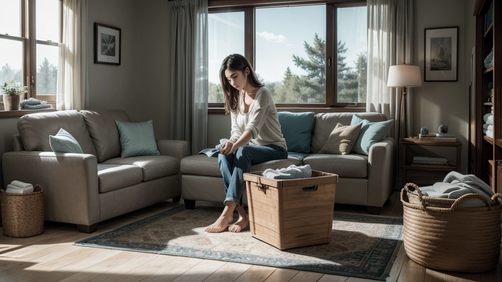 high-resolution, ultra-realistic, 4K, cinematic image of a serene living room , with a woman folding laundry while listening to an audiobook,  folded clothes beside her, 