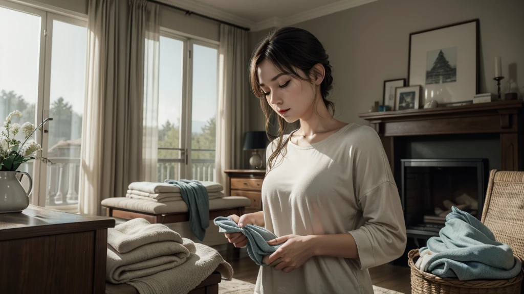 high-resolution, ultra-realistic, 4K, cinematic image of a serene living room , with a woman folding laundry while listening to an audiobook,  folded clothes beside her, 