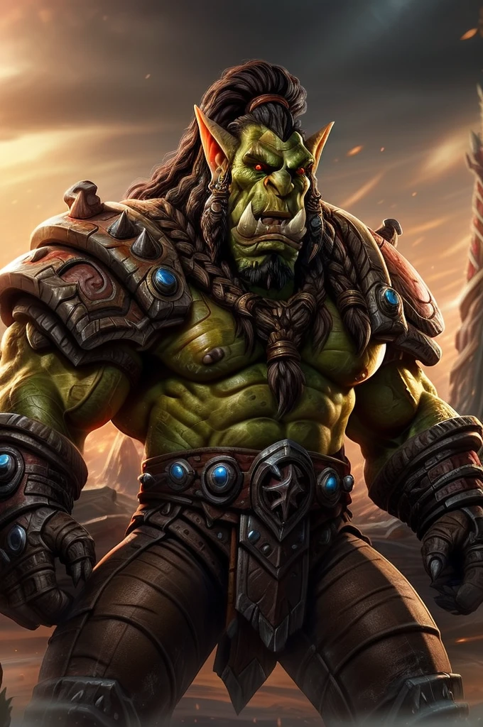 Portrait of a hyper muscular orc warrior wearing battle armor, Blizzard Entertainment, detailed skin, skin blemishes, Warcraft, lighting should be warm and inviting, casting a soft glow and highlighting the rich colors of his flesh, background cinematic Hollywood movie style, light depth of field, vignette, highly detailed, high budget