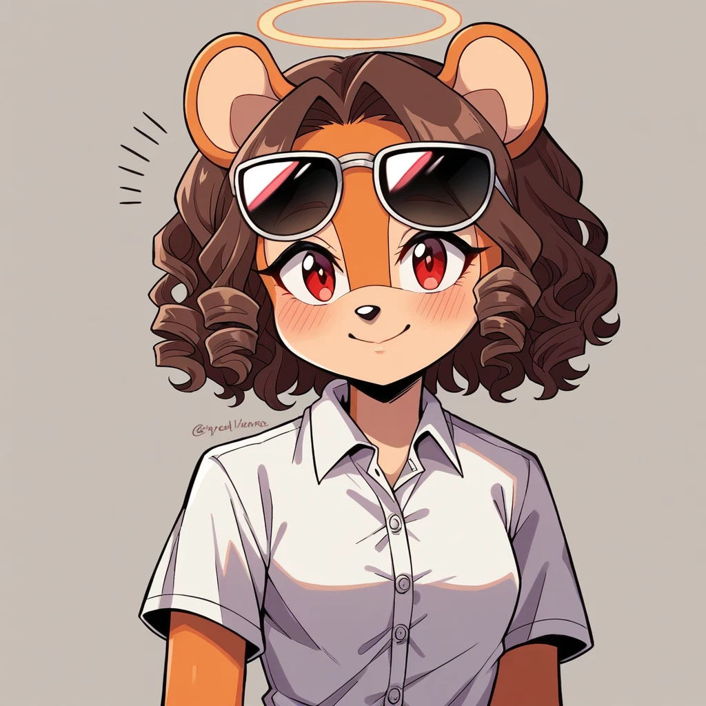 score_9, score_8_up, mobian, solo, hedgehog, two-tone fur ((orange fur, brown fur)), button front dress, CASUAL SHORT SLEEVE LAPEL RUCHED TIED DRESS, high-top sneakers, small breasts, two-tone hair (brown hair, black tip)), curly hair, halo, sunglasses, jewelry, red eyes, longeyelashes, red eyes, smile, shy, blush, pose, close up