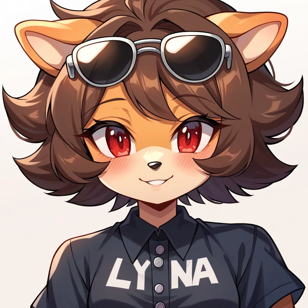 score_9, score_8_up, mobian, solo, hedgehog, two-tone fur ((orange fur, brown fur)), button front dress, CASUAL SHORT SLEEVE LAPEL RUCHED TIED DRESS, high-top sneakers, small breasts, two-tone hair (brown hair, black tip)), curly hair, halo, sunglasses, jewelry, red eyes, longeyelashes, red eyes, smile, shy, blush, pose, close up