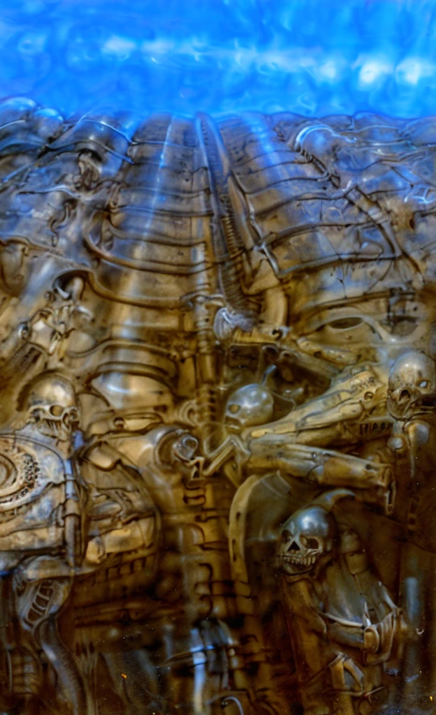 g1g3r, 0f1g, Giger_style, Giger_style, The image is a detailed view of H.R. Giger's \" biomechanical landscape V\" plate,
The tableau depicts a close-up of a group of ivory objects resembling skulls and skeletons, some of which have signs of decay.
The painting is a nightmarish biomechanical scene. In the center of the composition is a chessboard with several chess pieces scattered around it. The background is filled with biomechanical pipes and tubes. The overall feel is one of decay and desolation.
Giger’s signature artistic style, biomechanical surrealism, is on full display in this piece. Biomechanical surrealism combines human anatomy with machines. The skeletal figures in the painting are fused with mechanical parts, creating a disturbing and unsettling effect.
Here’s a more detailed description of the composition:
In the center foreground is a metallic chessboard with several metallic chess pieces scattered around it.
To the right of the chessboard is a skeletal figure hunched over tribune.
The art performance showcases the artist’s skills in observation and rendering. The level of detail in the piece suggests a close study of real bone specimens and anatomy. The artist has skillfully used shading techniques to create a convincing illusion of three-dimensionality on a flat surface.The wrinkles and cracks in the surface, and the cast shadows with accuracy, used shading techniques to create a realistic depiction of light and shadow on the objects. This creates a sense of depth and dimension in the image
The style is clearly biomechanical. Features combination of organic and mechanical forms. Mechanical elements dominate the composition, there are subtle organic hints. The use of undersaturated purple-grays dark contrasts creates a stark and graphic look. Is used a variety of linework techniques to create different textures. Fine, parallel lines create a smooth, metallic texture,while thicker, more cursive lines suggest cables or wires. Machine fills mo