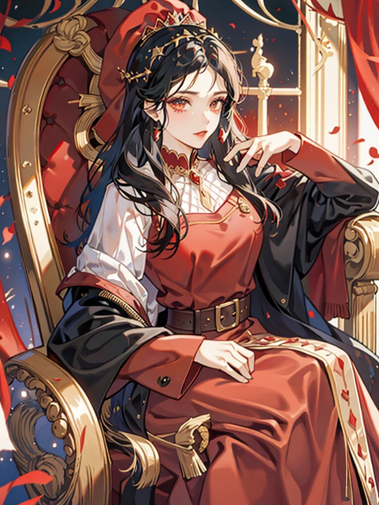 Queen,red,Majesty,Golden crown,long black hair,Western style palace,Overlooking,red velvet cloak,red black silk dress,Queen Clothing,throne