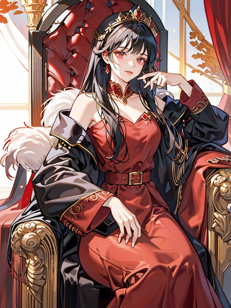 Queen，red，Majesty，Golden crown，long black hair，Western style palace，Overlooking，red velvet cloak，red black silk dress，Queen Clothing，throne