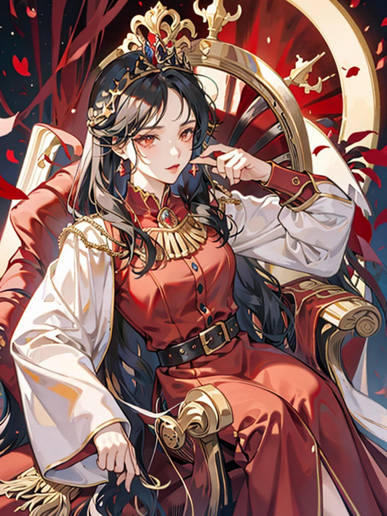 Queen,red,Majesty,Golden crown,long black hair,Western style palace,Overlooking,red velvet cloak,red black silk dress,Queen Clothing,throne