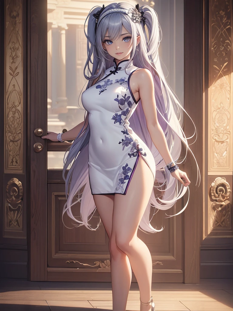 (masterpiece:1.2), anime-style, top quality, best quality, (beautiful and aesthetic:1.2), (ultra detail:1.3), Ultra-detailed depiction, Ultra-precise depiction, extremely detailed 8k illustration, high resolution, (highly detailed shading), (realistic lighting:1.2), perfect lighting, vibrant colors, dynamic tones, striking hues, 8k, absurd resolution, perfect shadows, hdr, UHD, ambient lighting, realistic, ultra-realistic, photo realistic, highly detailed, rich detail, luminous colors, fine texture, intricate design, professional illustration, (soft light:1.2), (illustration:0.8) BREAK

(1girl, solo), (full body:1.5), full-body shot, ((standing)), (perfect anatomy, perfect hands, perfect legs, perfect body), beautiful body, natural proportions BREAK

(((extremely detailed face))), (beautiful detailed eyes:1.6), (realistic pupils, realistic iris:1), expressive eyes, looking at viewer, (clear eyes:1.3), (hyperrealistic:1.2), (detailed skin texture:1.2), smooth skin, ((purple eyes)), ((silver hair)), silver hair with blue tips, long hair, (hairband:1.3), ((black hairband)), bangs, ((hair ornament)), (smile), blush, large breast, (detailed lips:1.3), (attractive lips:1.2), (glossy lips:1) BREAK

((a sexy woman dressed in a mini qipao dress)), qipao, ((white qipao:1.5)), (mini qipao:1.5), dress, ((china dress)), (mini dress:1.5), (bare legs:1.3), ((chinese clothes)), ((high slit qipao)), thighs, ass visible through thighs, ((bare shoulders)), high heels BREAK

(minimal background:1.1), (simple background:1.1) 