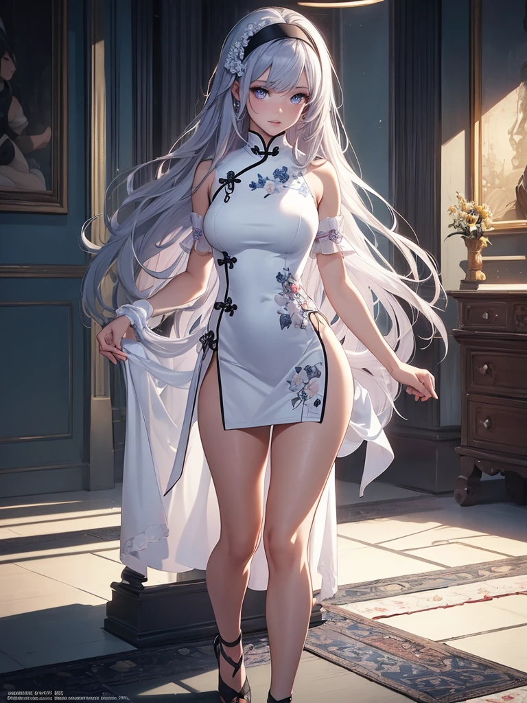 (masterpiece:1.2), anime-style, top quality, best quality, (beautiful and aesthetic:1.2), (ultra detail:1.3), Ultra-detailed depiction, Ultra-precise depiction, extremely detailed 8k illustration, high resolution, (highly detailed shading), (realistic lighting:1.2), perfect lighting, vibrant colors, dynamic tones, striking hues, 8k, absurd resolution, perfect shadows, hdr, UHD, ambient lighting, realistic, ultra-realistic, photo realistic, highly detailed, rich detail, luminous colors, fine texture, intricate design, professional illustration, (soft light:1.2), (illustration:0.8) BREAK
(1girl, solo), (full body:1.5), full-body shot, ((standing)), (perfect anatomy, perfect hands, perfect legs, perfect body), beautiful body, natural proportions BREAK
(((extremely detailed face))), (beautiful detailed eyes:1.6), (realistic pupils, realistic iris:1), expressive eyes, looking at viewer, (clear eyes:1.3), (hyperrealistic:1.2), (detailed skin texture:1.2), smooth skin, ((purple eyes)), ((silver hair)), silver hair with blue tips, long hair, (hairband:1.3), ((black hairband)), bangs, ((hair ornament)), (smile), blush, large breast, (detailed lips:1.3), (attractive lips:1.2), (glossy lips:1) BREAK
((a sexy woman dressed in a mini qipao dress)), qipao, ((white qipao:1.5)), (mini qipao:1.5), dress, ((china dress)), (mini dress:1.5), (bare legs:1.3), ((chinese clothes)), ((high slit qipao)), thighs, ass visible through thighs, ((bare shoulders)), high heels BREAK
(minimal background:1.1), (simple background:1.1)